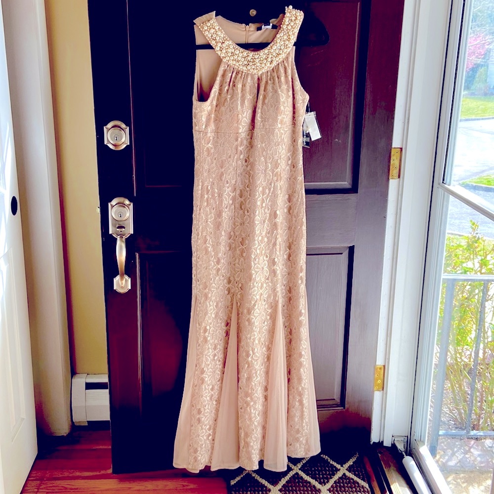 Stunning Champagne Lace & Pearls Evening Gown